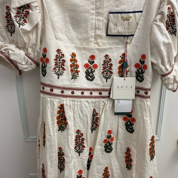 NWT Agua by Agua Bendita Pistachio Dahlia Dress Embroidered Floral Ivory S - Picture 4 of 13